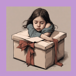 A grieving girl holding on to a box with a bow
